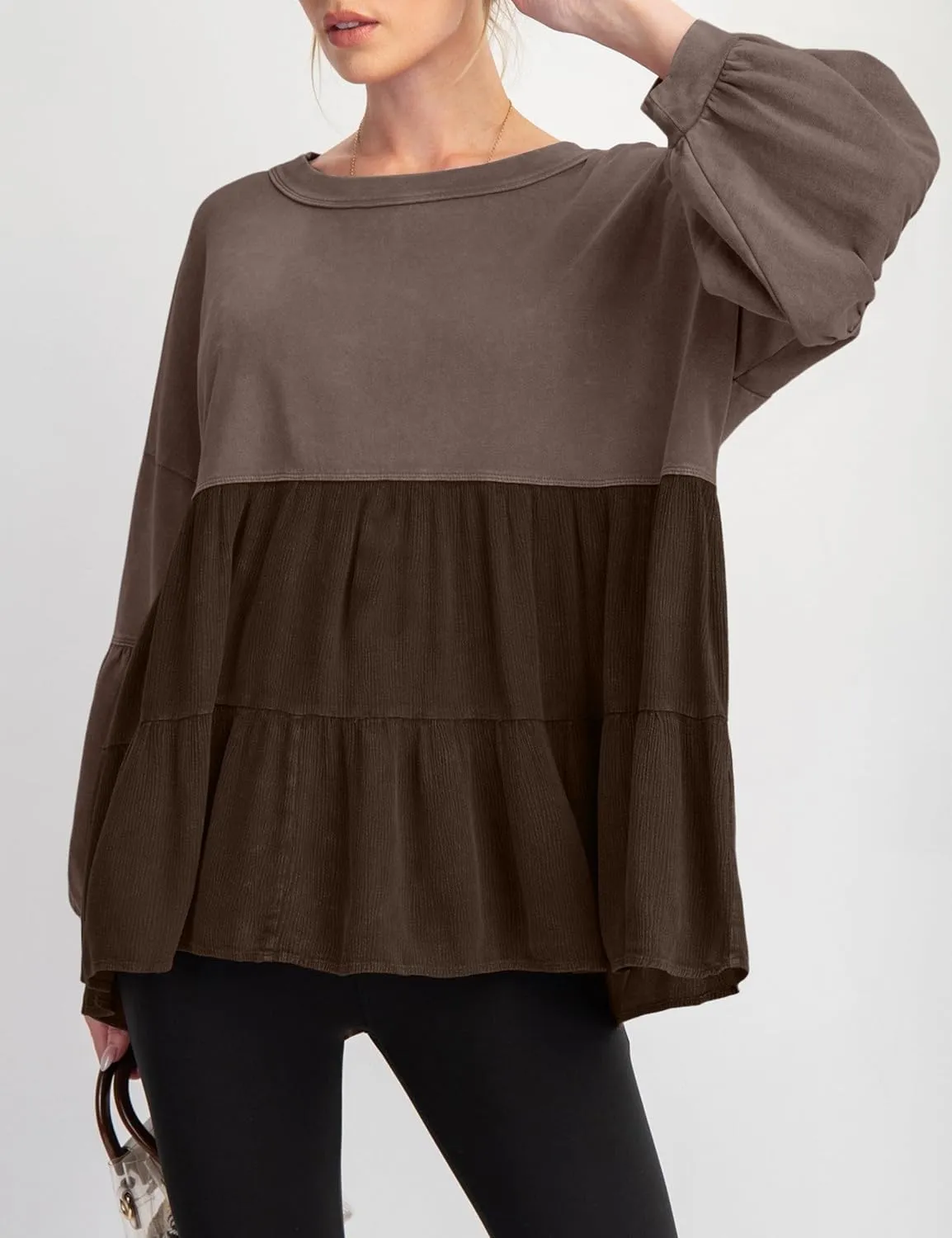 MISSACTIVER Women Peplum Ruffled Hem Patchwork Sweatshirt Babydoll Lantern Sleeve Crewneck Pullover Contrast Flowy Tunic Tops