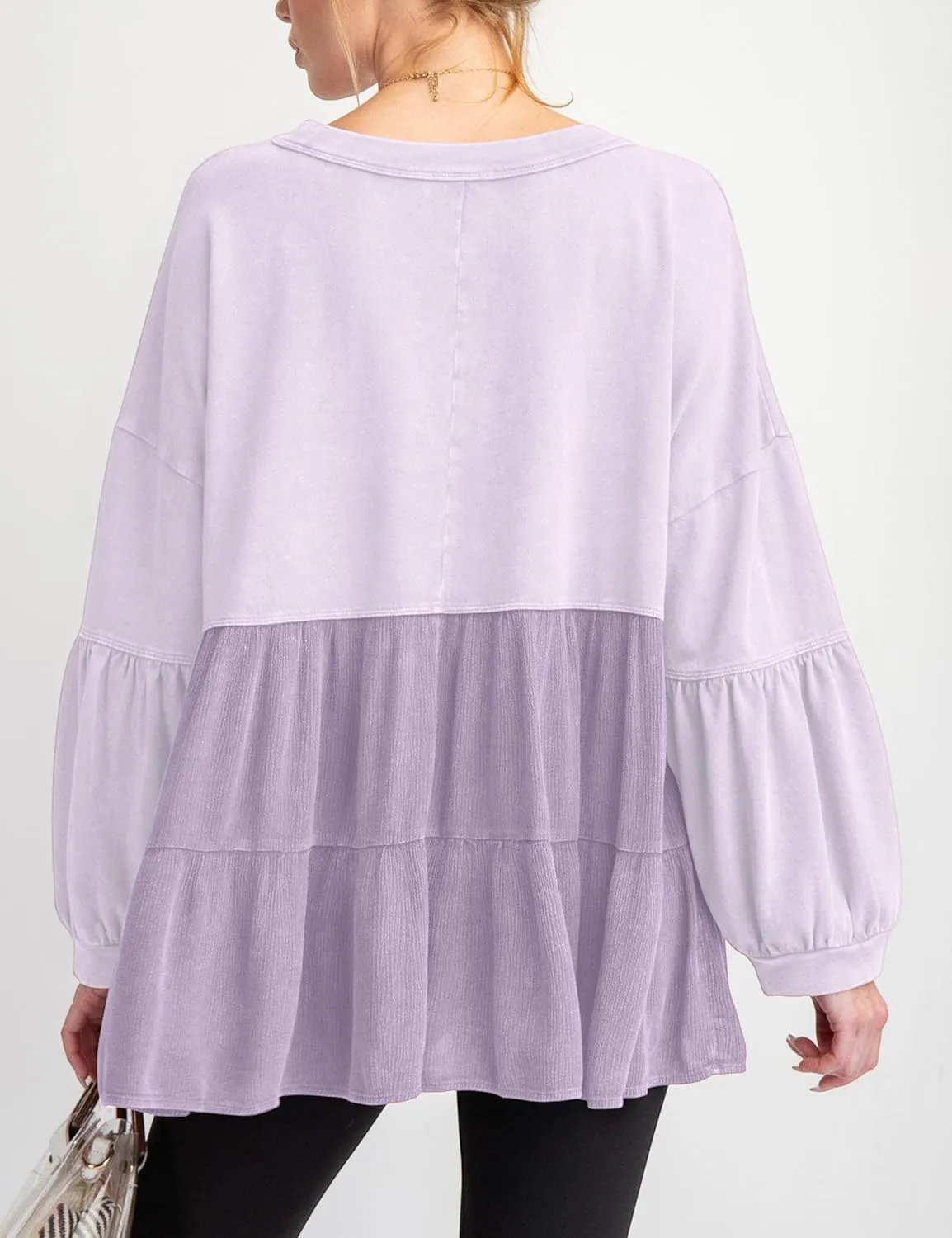 MISSACTIVER Women Peplum Ruffled Hem Patchwork Sweatshirt Babydoll Lantern Sleeve Crewneck Pullover Contrast Flowy Tunic Tops