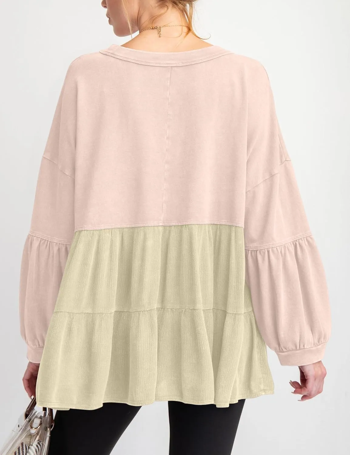 MISSACTIVER Women Peplum Ruffled Hem Patchwork Sweatshirt Babydoll Lantern Sleeve Crewneck Pullover Contrast Flowy Tunic Tops