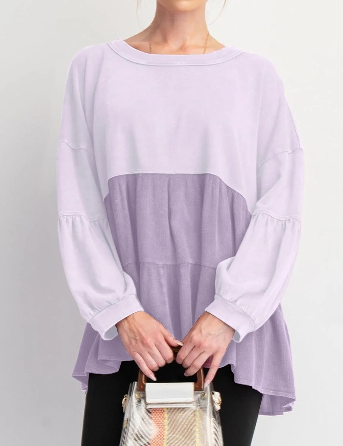 MISSACTIVER Women Peplum Ruffled Hem Patchwork Sweatshirt Babydoll Lantern Sleeve Crewneck Pullover Contrast Flowy Tunic Tops