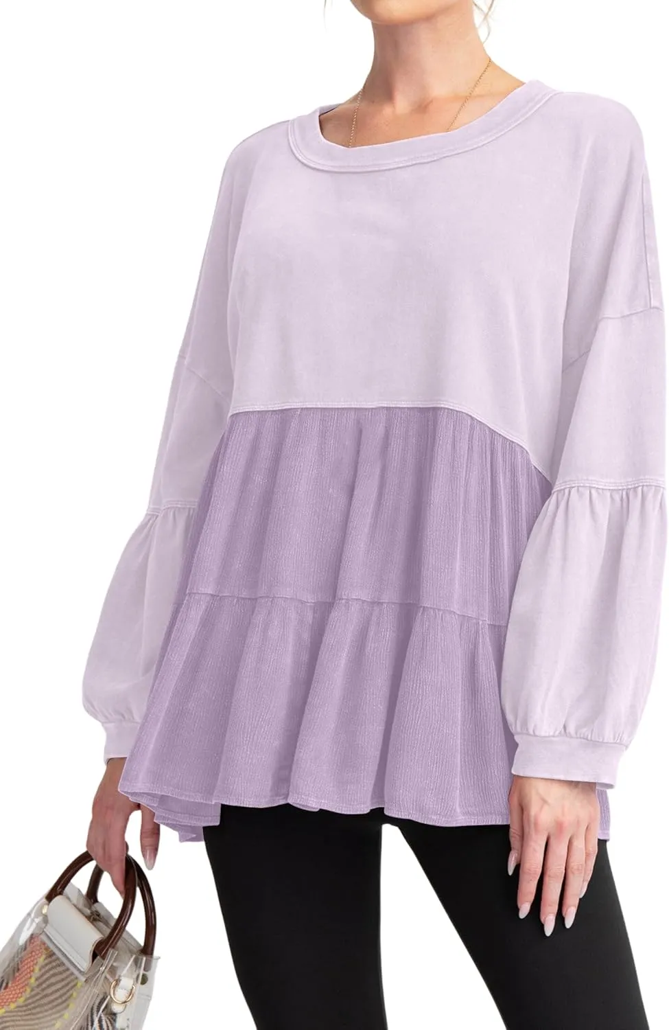 MISSACTIVER Women Peplum Ruffled Hem Patchwork Sweatshirt Babydoll Lantern Sleeve Crewneck Pullover Contrast Flowy Tunic Tops