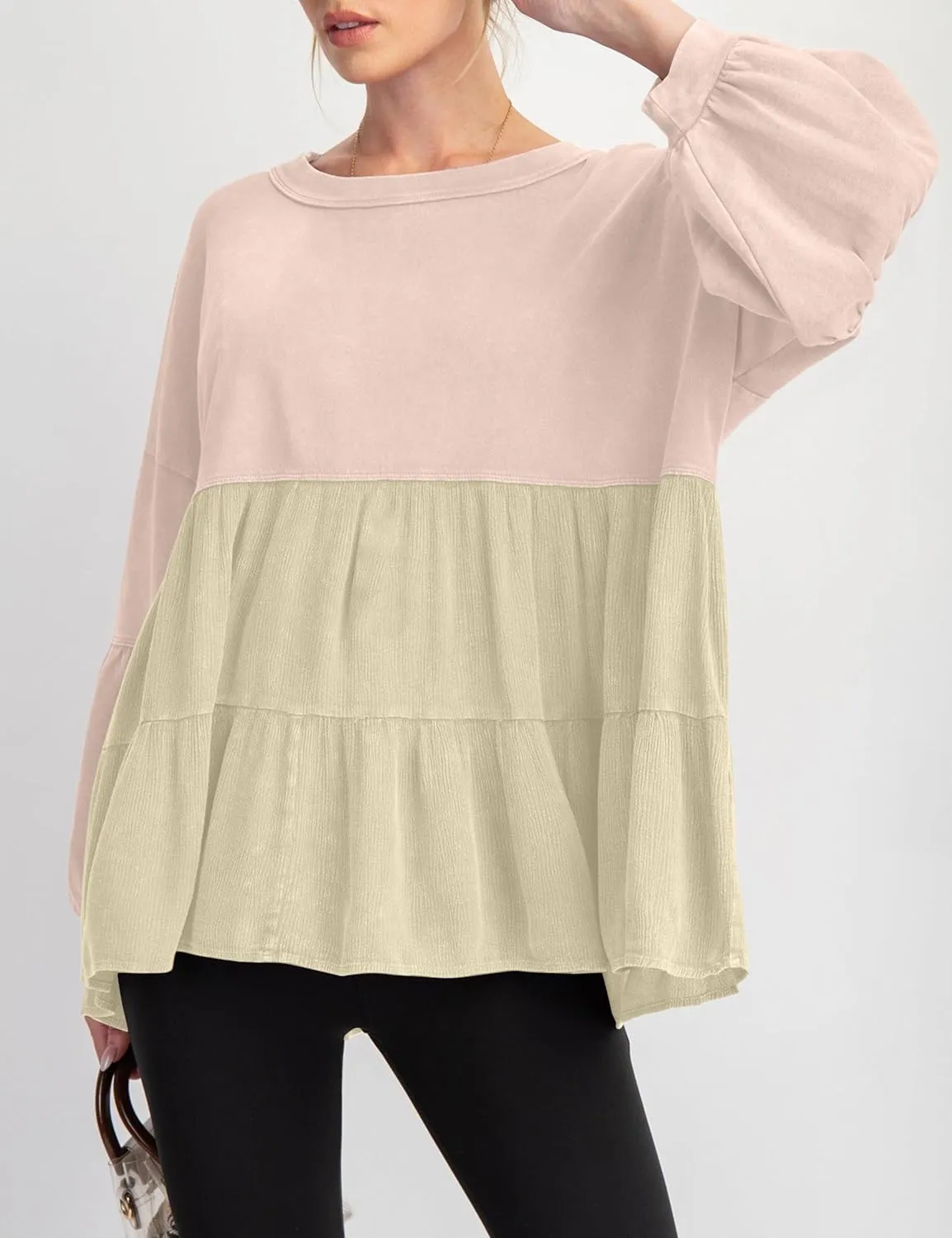 MISSACTIVER Women Peplum Ruffled Hem Patchwork Sweatshirt Babydoll Lantern Sleeve Crewneck Pullover Contrast Flowy Tunic Tops