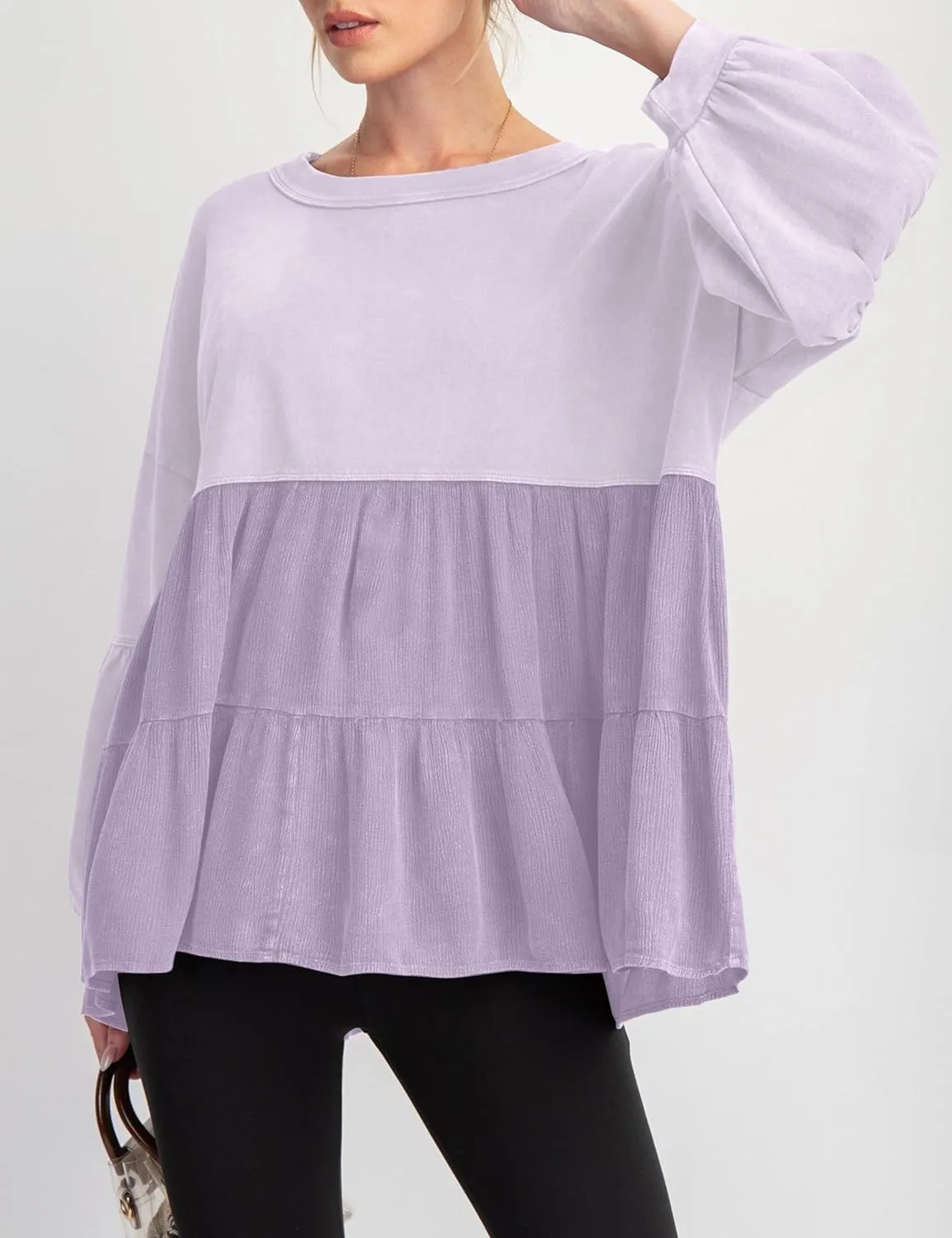 MISSACTIVER Women Peplum Ruffled Hem Patchwork Sweatshirt Babydoll Lantern Sleeve Crewneck Pullover Contrast Flowy Tunic Tops