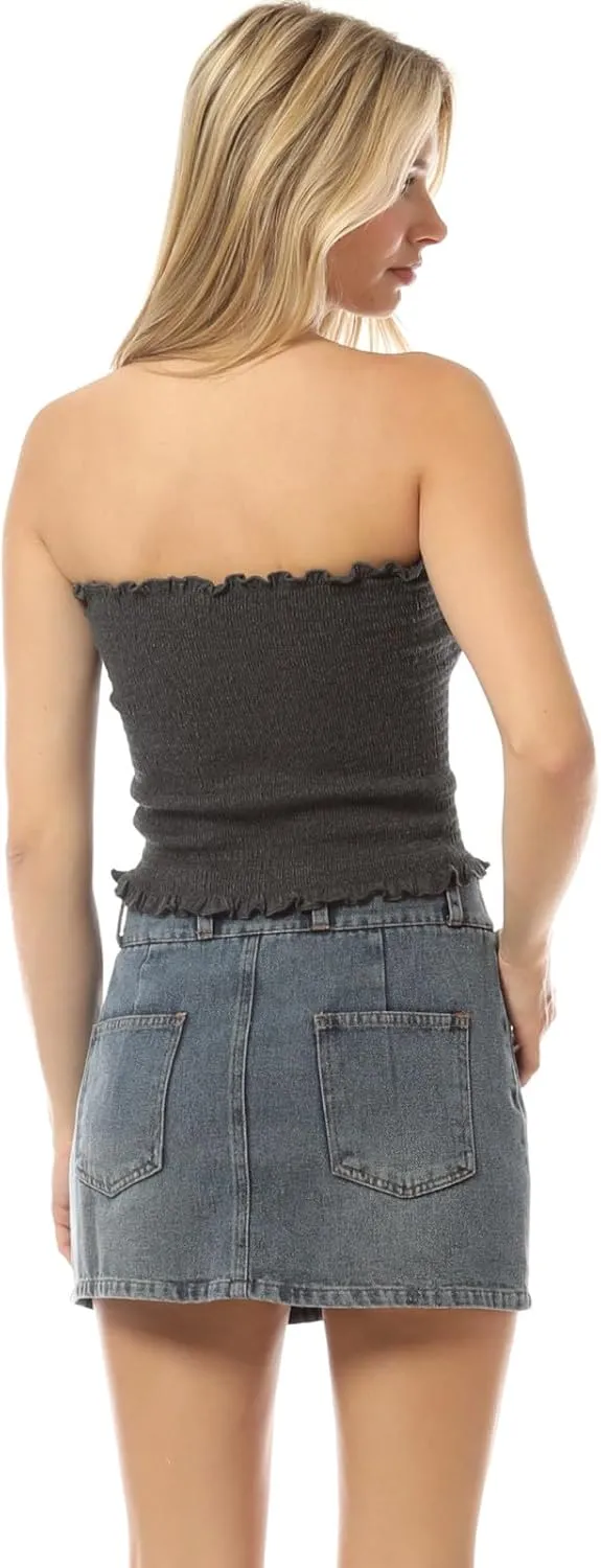 MixMatchy Women's Ruffled Smocking Crop Tube Tops Summer Casual Bandeau Top