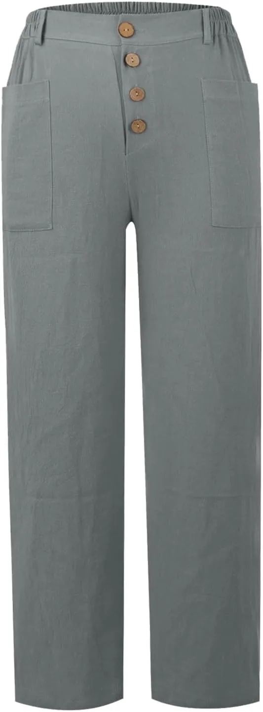 Miyaomn Casual Button-Fly Linen Pants for Women Elastic Waist in The Back Wide Leg Casual Joggers Summer Cotton Work Trousers