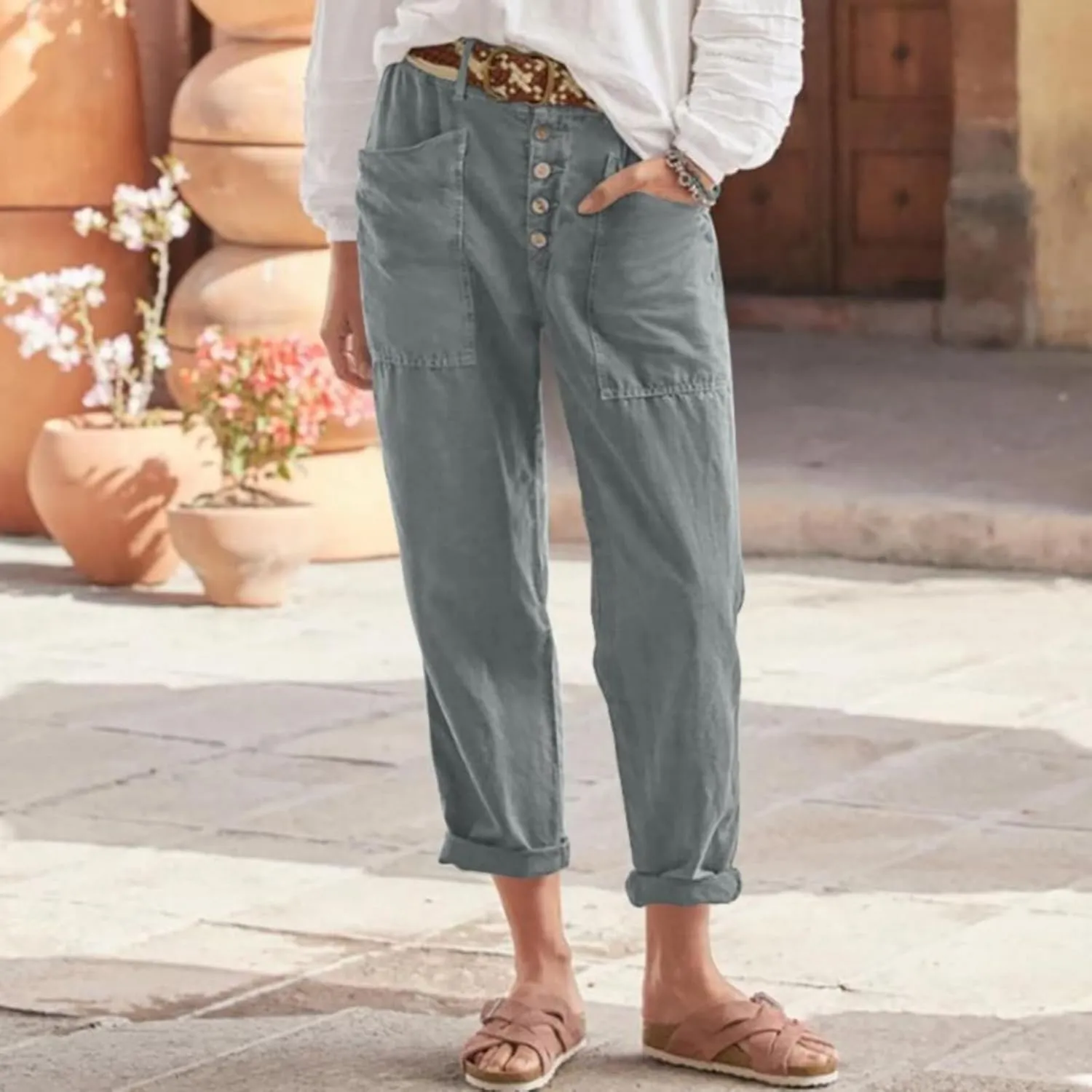Miyaomn Casual Button-Fly Linen Pants for Women Elastic Waist in The Back Wide Leg Casual Joggers Summer Cotton Work Trousers