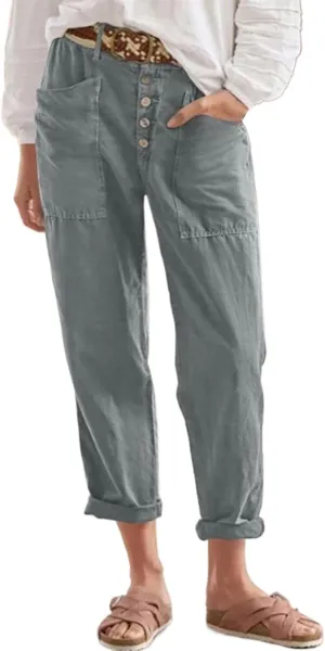 Miyaomn Casual Button-Fly Linen Pants for Women Elastic Waist in The Back Wide Leg Casual Joggers Summer Cotton Work Trousers