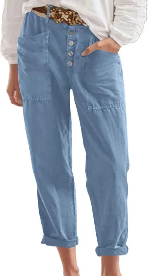 Miyaomn Casual Button-Fly Linen Pants for Women Elastic Waist in The Back Wide Leg Casual Joggers Summer Cotton Work Trousers