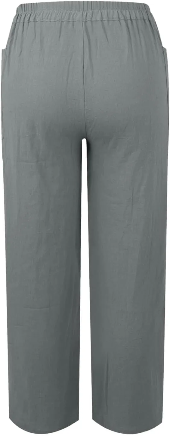 Miyaomn Casual Button-Fly Linen Pants for Women Elastic Waist in The Back Wide Leg Casual Joggers Summer Cotton Work Trousers