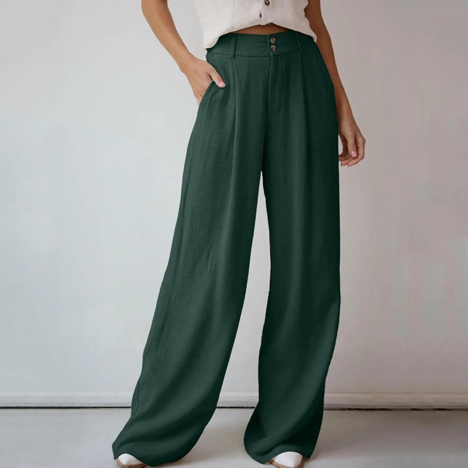 Miyaomn Linen Pants for Women High Waisted Casual Loose Wide Leg Palazzo Pants Summer Travel Beach Dress Trousers with Pocket