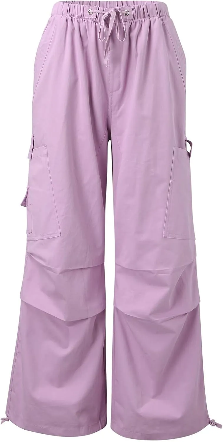 Miyaomn Women's Baggy Low Waist Parachute Cargo Pants Solid Casual Drawstring Adjustable Bottom Joggers Trousers with Pockets