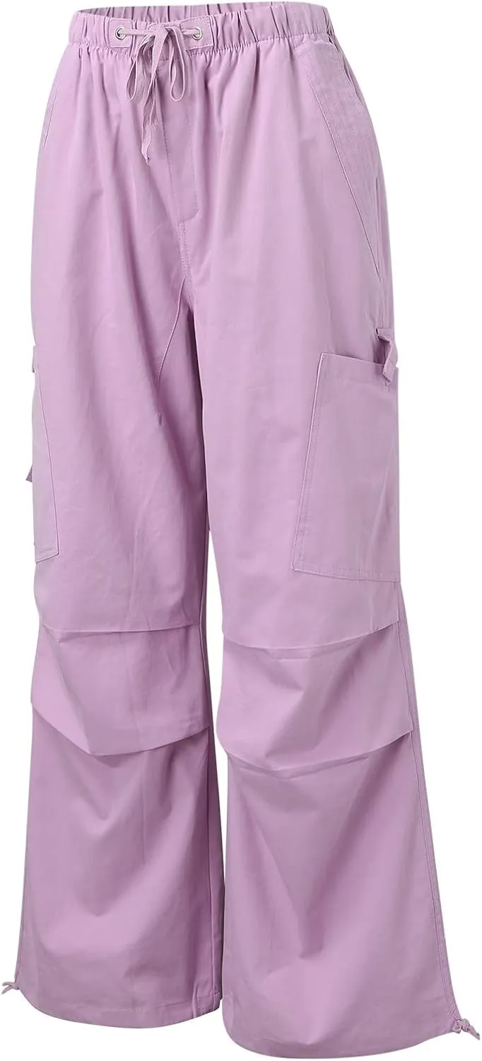 Miyaomn Women's Baggy Low Waist Parachute Cargo Pants Solid Casual Drawstring Adjustable Bottom Joggers Trousers with Pockets