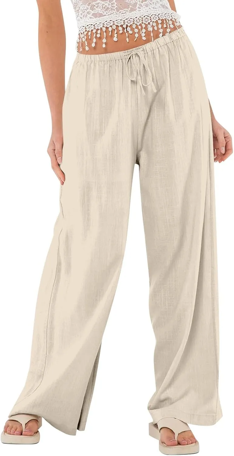 Miyaomn Women's Linen Pants for Summer High Waisted Drawstring Wide Leg Palazzo Pants Casual Boho Beach Trousers with Pockets