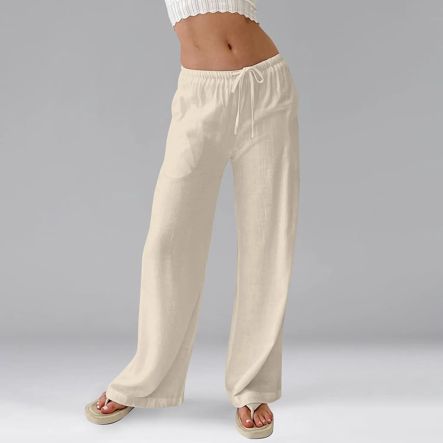 Miyaomn Women's Linen Pants for Summer High Waisted Drawstring Wide Leg Palazzo Pants Casual Boho Beach Trousers with Pockets