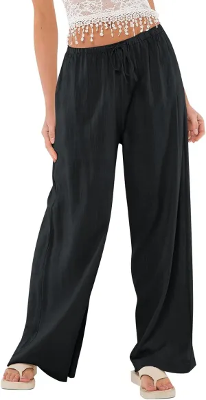 Miyaomn Women's Linen Pants for Summer High Waisted Drawstring Wide Leg Palazzo Pants Casual Boho Beach Trousers with Pockets