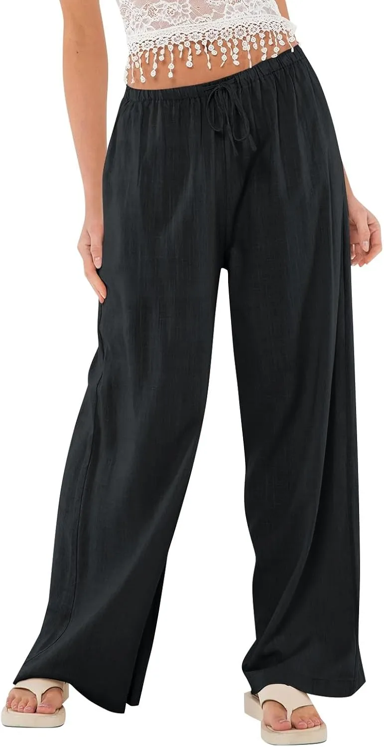 Miyaomn Women's Linen Pants for Summer High Waisted Drawstring Wide Leg Palazzo Pants Casual Boho Beach Trousers with Pockets