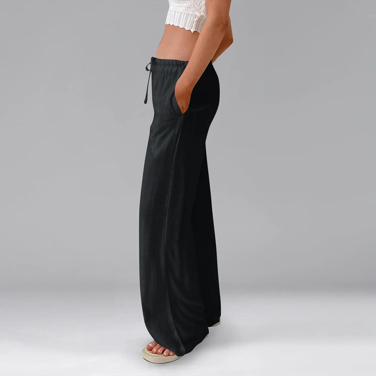 Miyaomn Women's Linen Pants for Summer High Waisted Drawstring Wide Leg Palazzo Pants Casual Boho Beach Trousers with Pockets