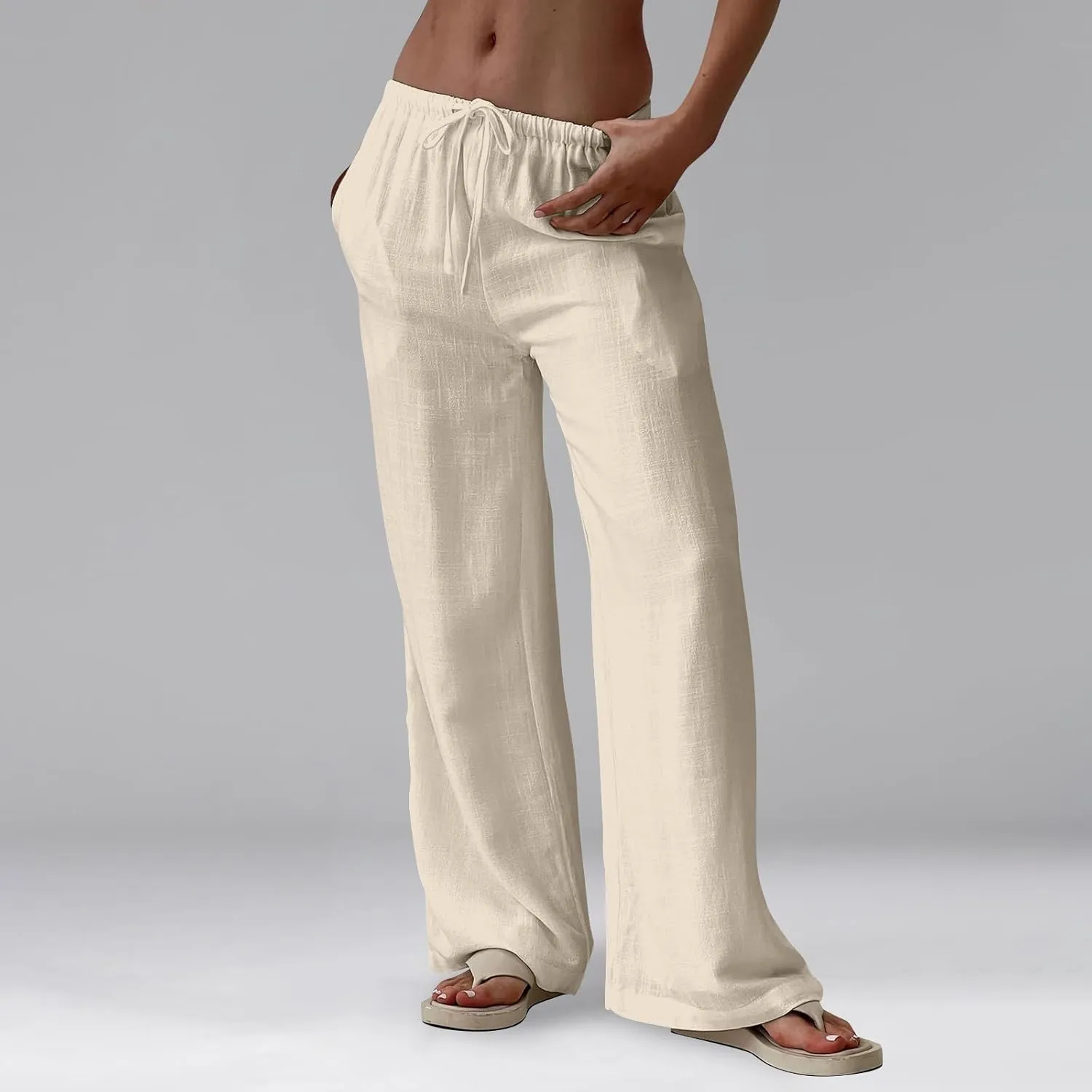 Miyaomn Women's Linen Pants for Summer High Waisted Drawstring Wide Leg Palazzo Pants Casual Boho Beach Trousers with Pockets