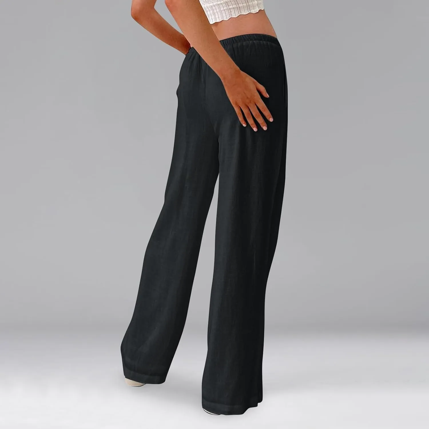 Miyaomn Women's Linen Pants for Summer High Waisted Drawstring Wide Leg Palazzo Pants Casual Boho Beach Trousers with Pockets