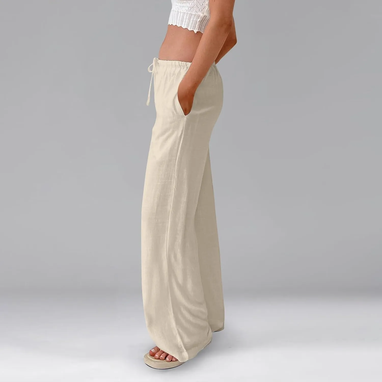 Miyaomn Women's Linen Pants for Summer High Waisted Drawstring Wide Leg Palazzo Pants Casual Boho Beach Trousers with Pockets