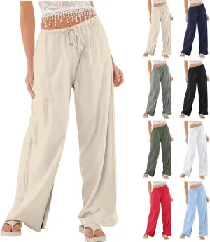 Miyaomn Women's Linen Pants for Summer High Waisted Drawstring Wide Leg Palazzo Pants Casual Boho Beach Trousers with Pockets