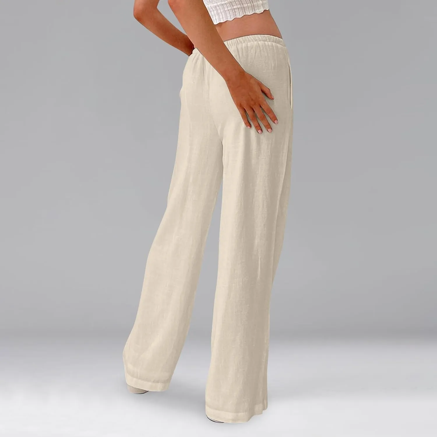 Miyaomn Women's Linen Pants for Summer High Waisted Drawstring Wide Leg Palazzo Pants Casual Boho Beach Trousers with Pockets