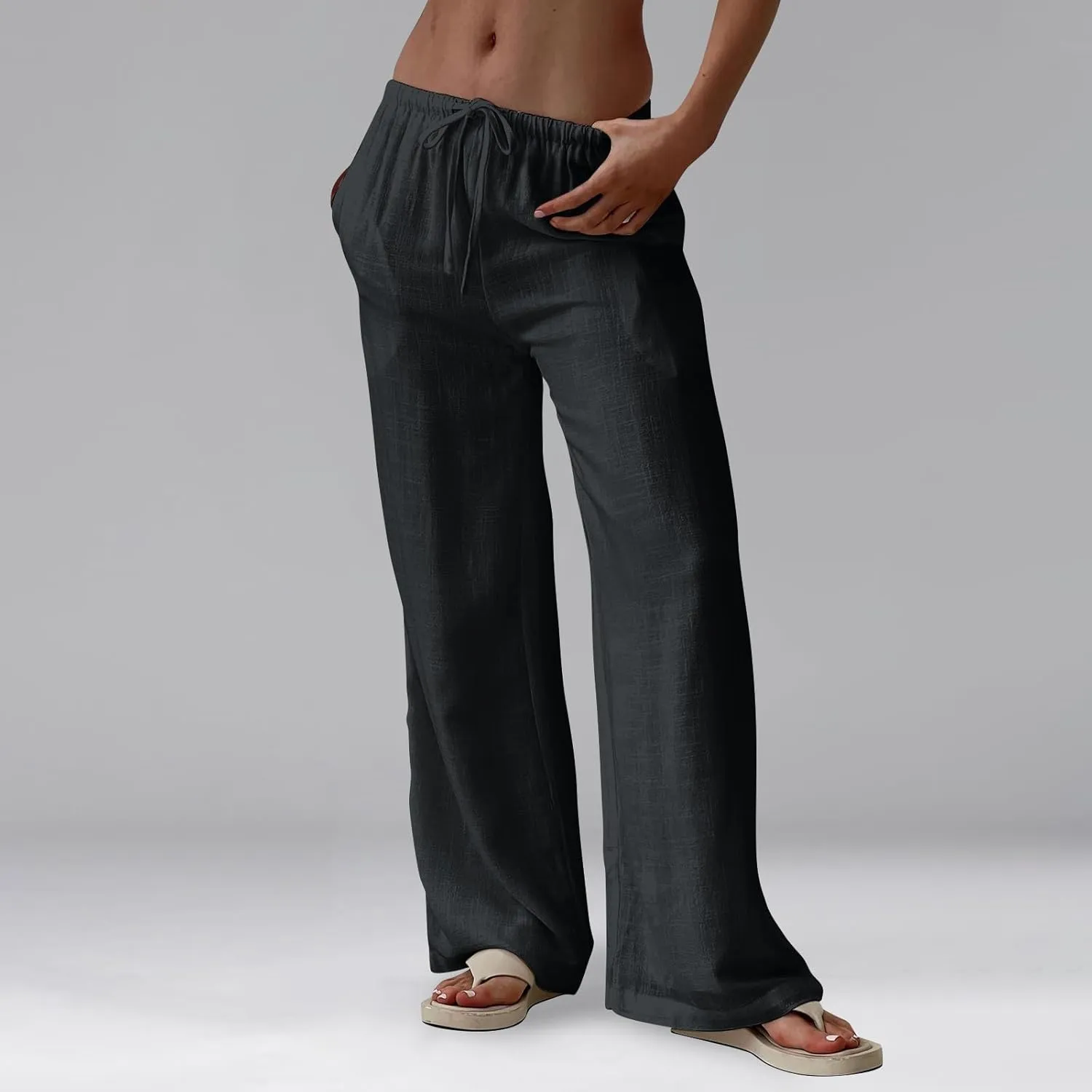 Miyaomn Women's Linen Pants for Summer High Waisted Drawstring Wide Leg Palazzo Pants Casual Boho Beach Trousers with Pockets
