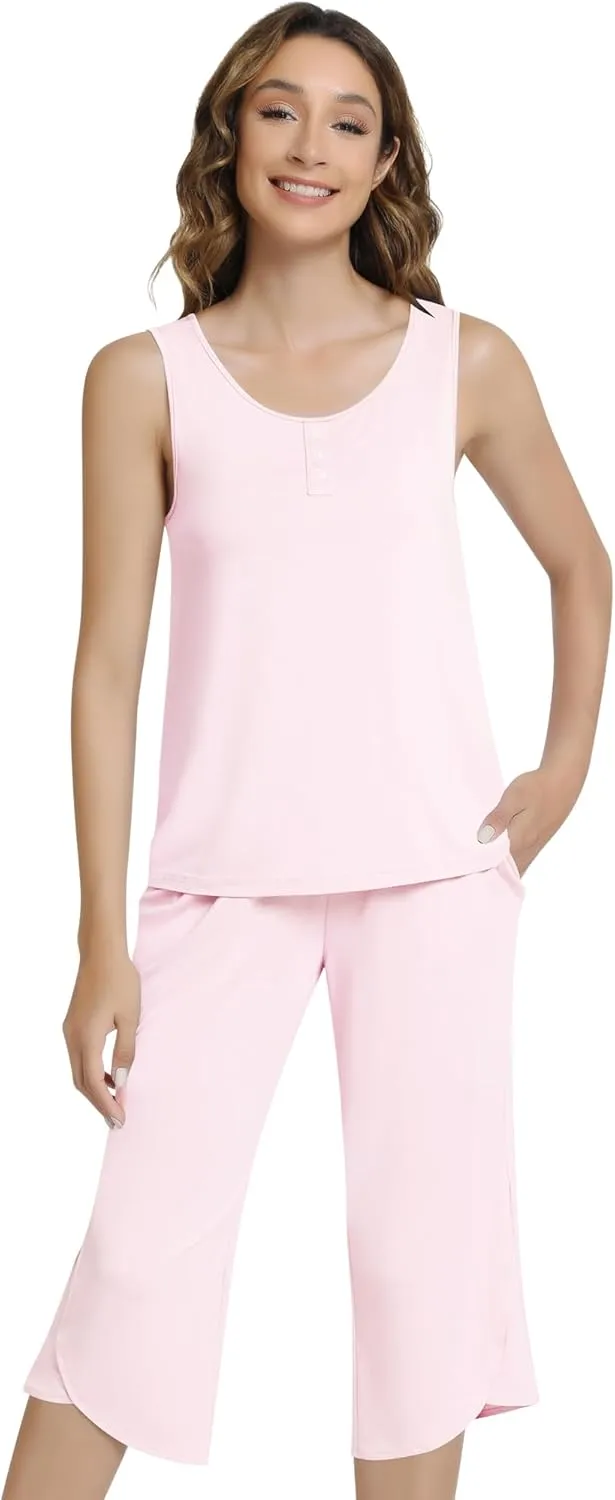 NACHILA Women's Pajamas-Viscose Made from Bamboo, Tank Top Capri Pants Pajama Set Soft Sleeveless Sleepwear Cool Pjs Sets