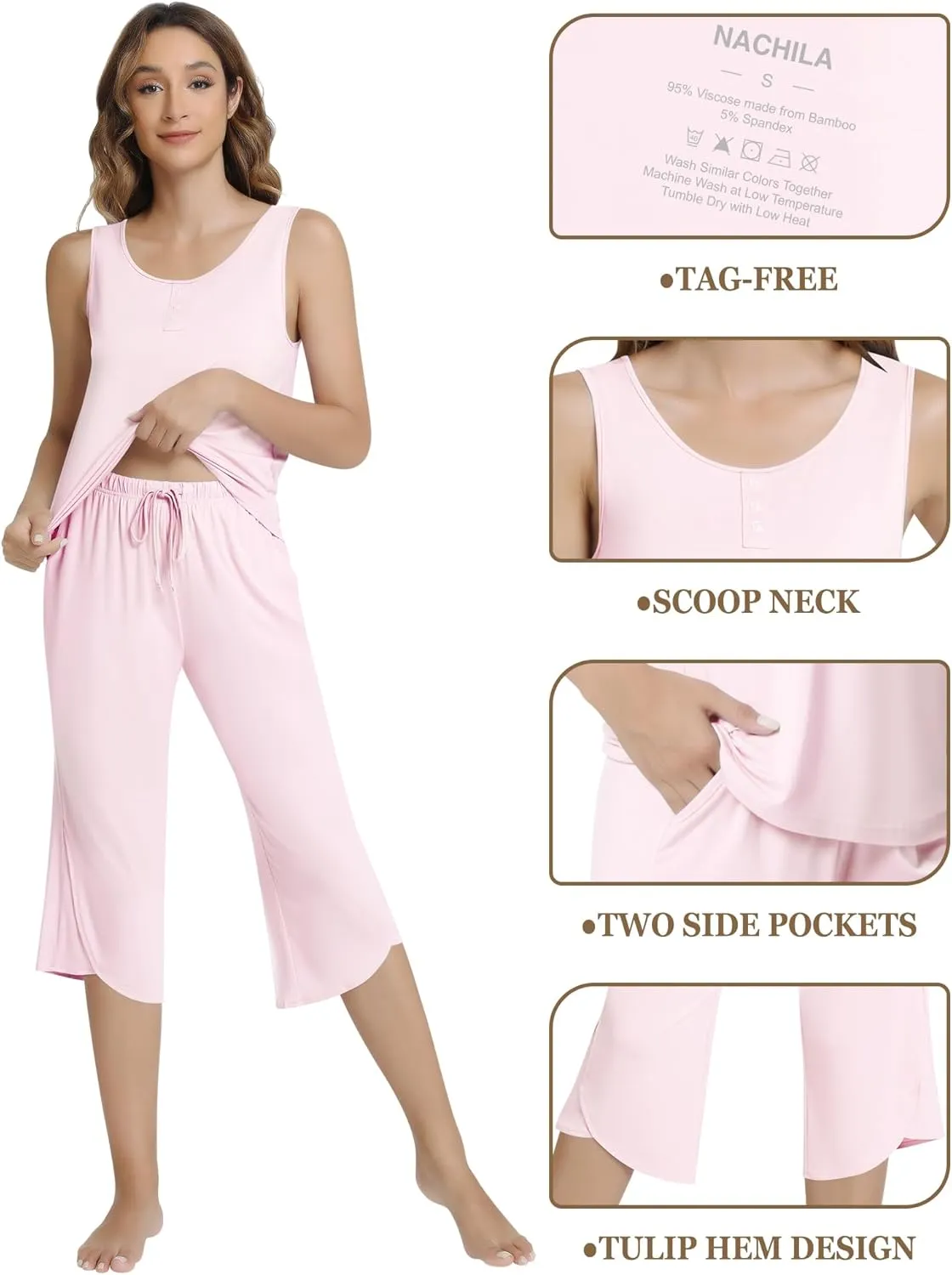 NACHILA Women's Pajamas-Viscose Made from Bamboo, Tank Top Capri Pants Pajama Set Soft Sleeveless Sleepwear Cool Pjs Sets