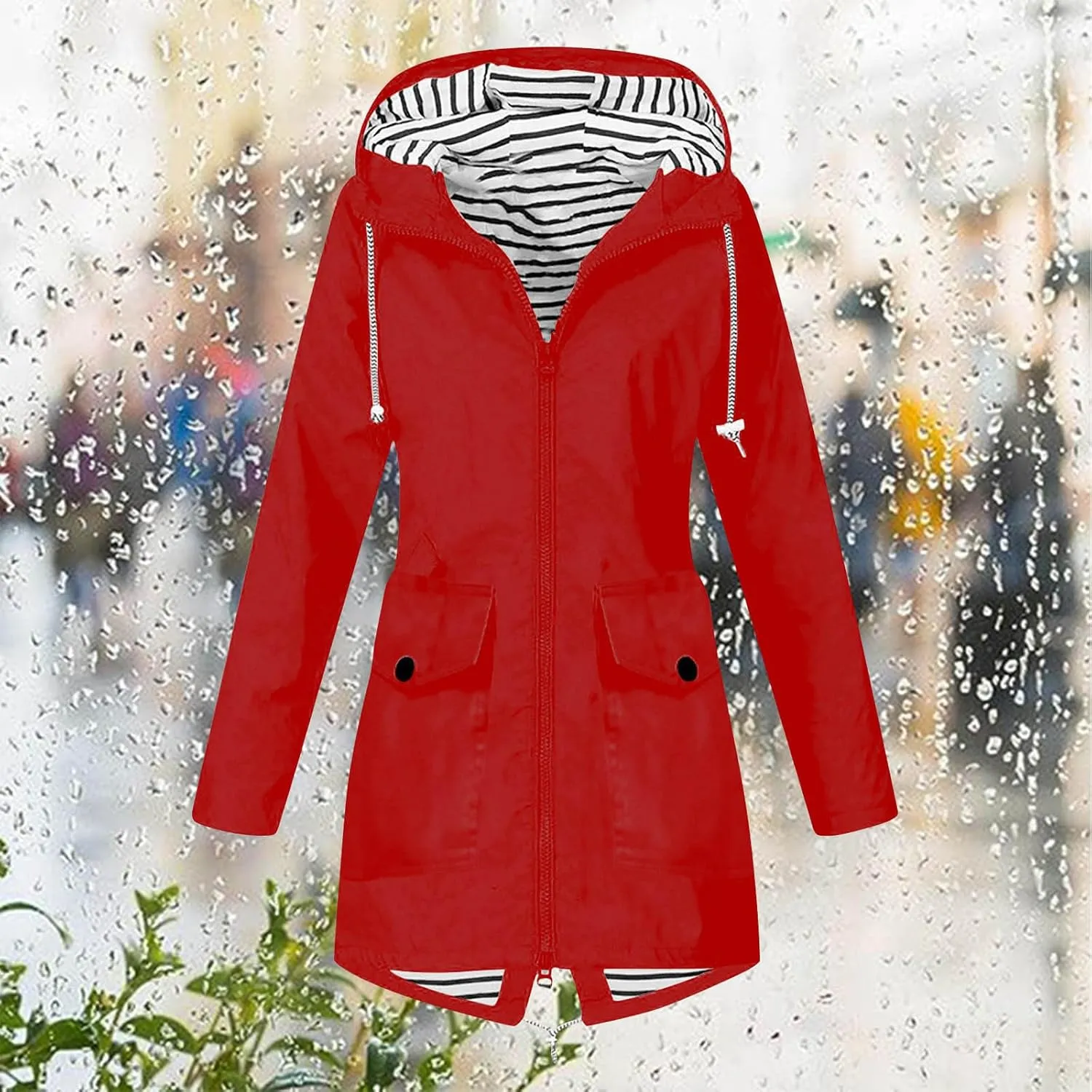 NaRHbrg Raincoat Hoodie for Women, Teen Girls Lightweight Hooded Jacket Solid Rain Jacket Outdoor Raincoat Windproof