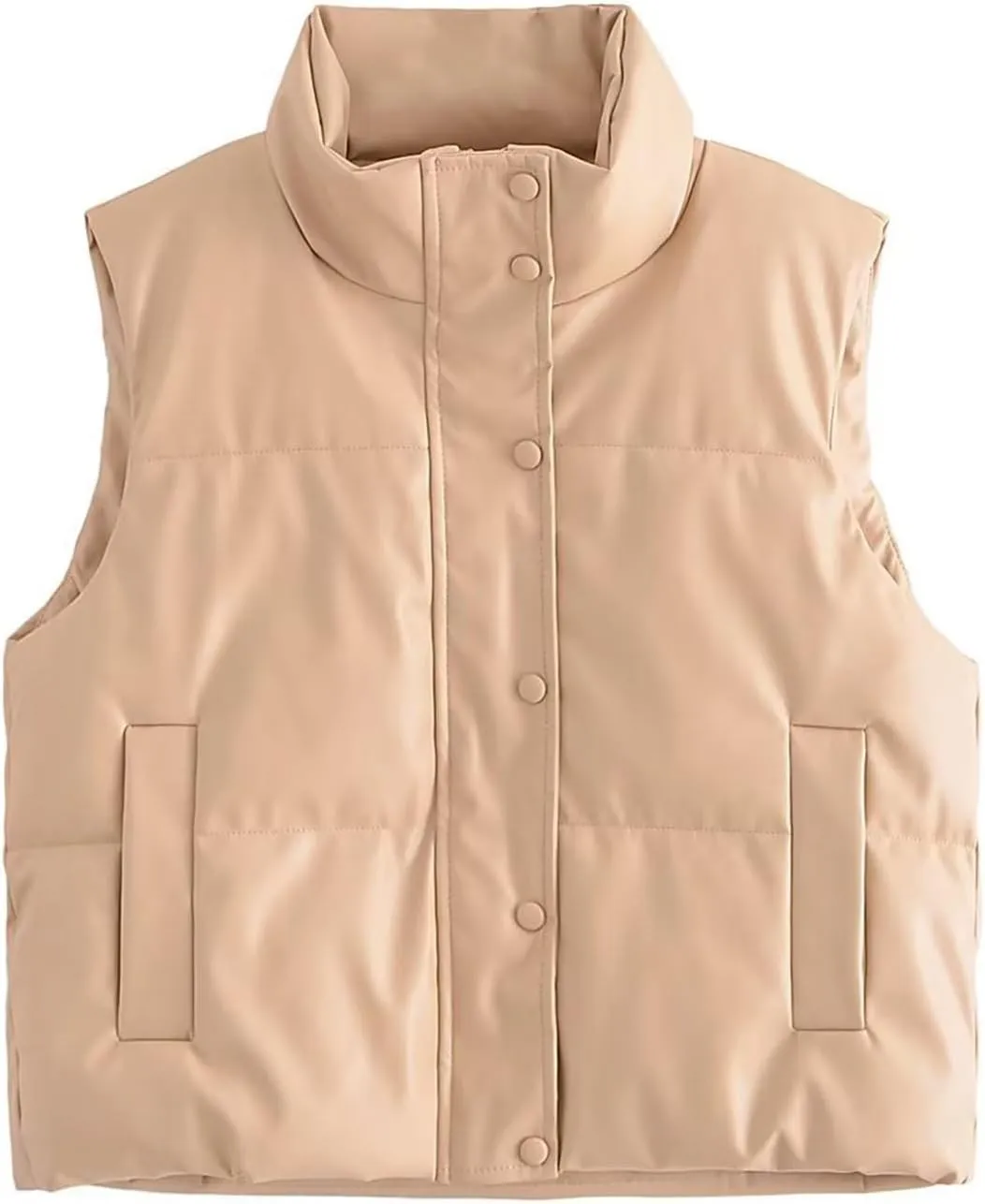 NATHGAM Women's Cropped Vest Jacket Long Sleeve Button Puffer Jacket Winter Quilted Short Stand Collar Down Coat with Pockets