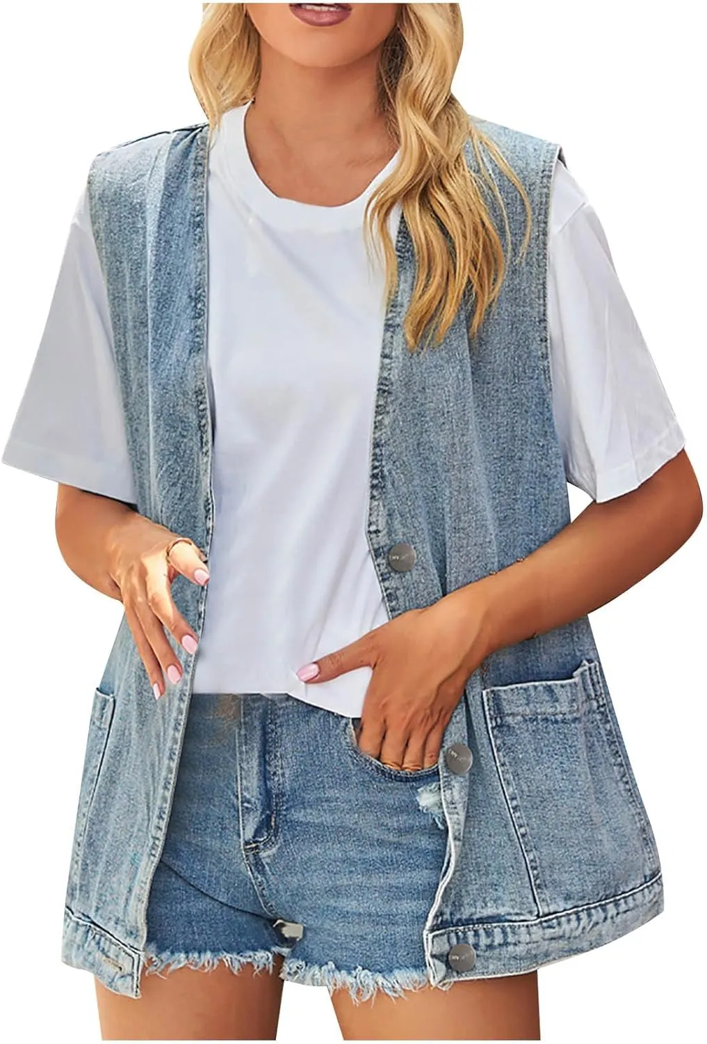 NATHGAM Women's Oversized Denim Vest Mid Long Sleeveless Denim V Neck Button Down Vest Jean Waistcoat Jacket with Pockets