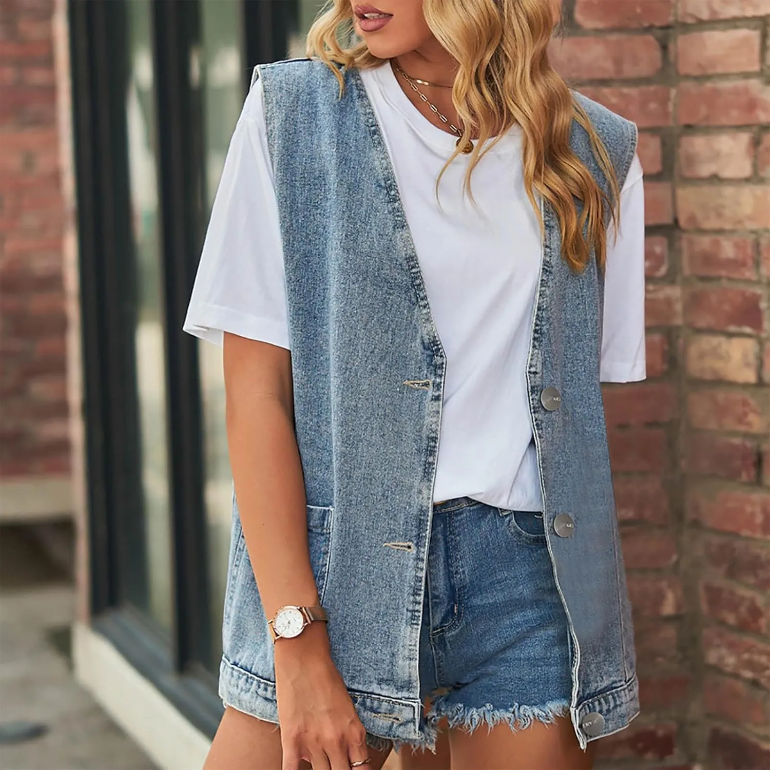 NATHGAM Women's Oversized Denim Vest Mid Long Sleeveless Denim V Neck Button Down Vest Jean Waistcoat Jacket with Pockets