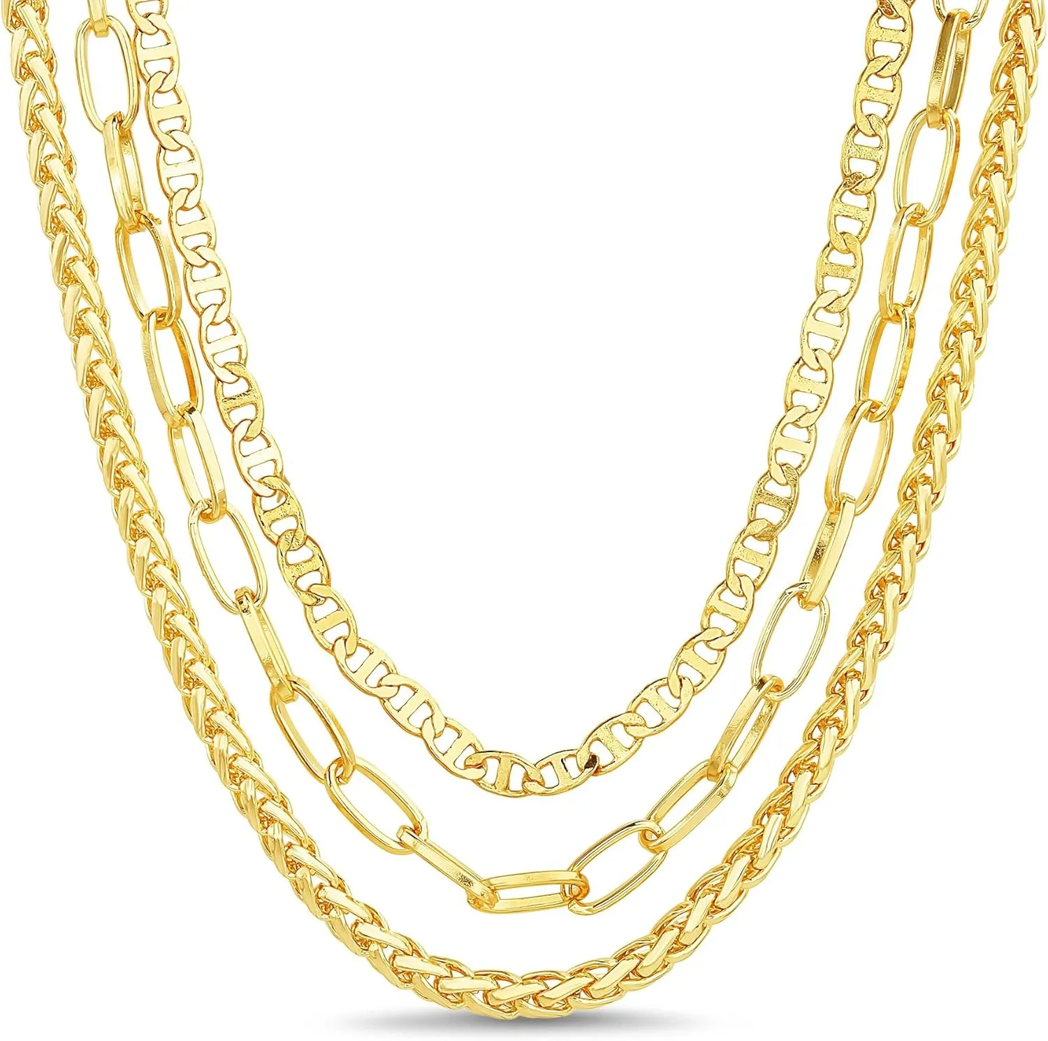 Nautica 14K Gold Plated Brass Necklace - Three Row Layered Statement Chain Necklace for Women, Gold Tone 1