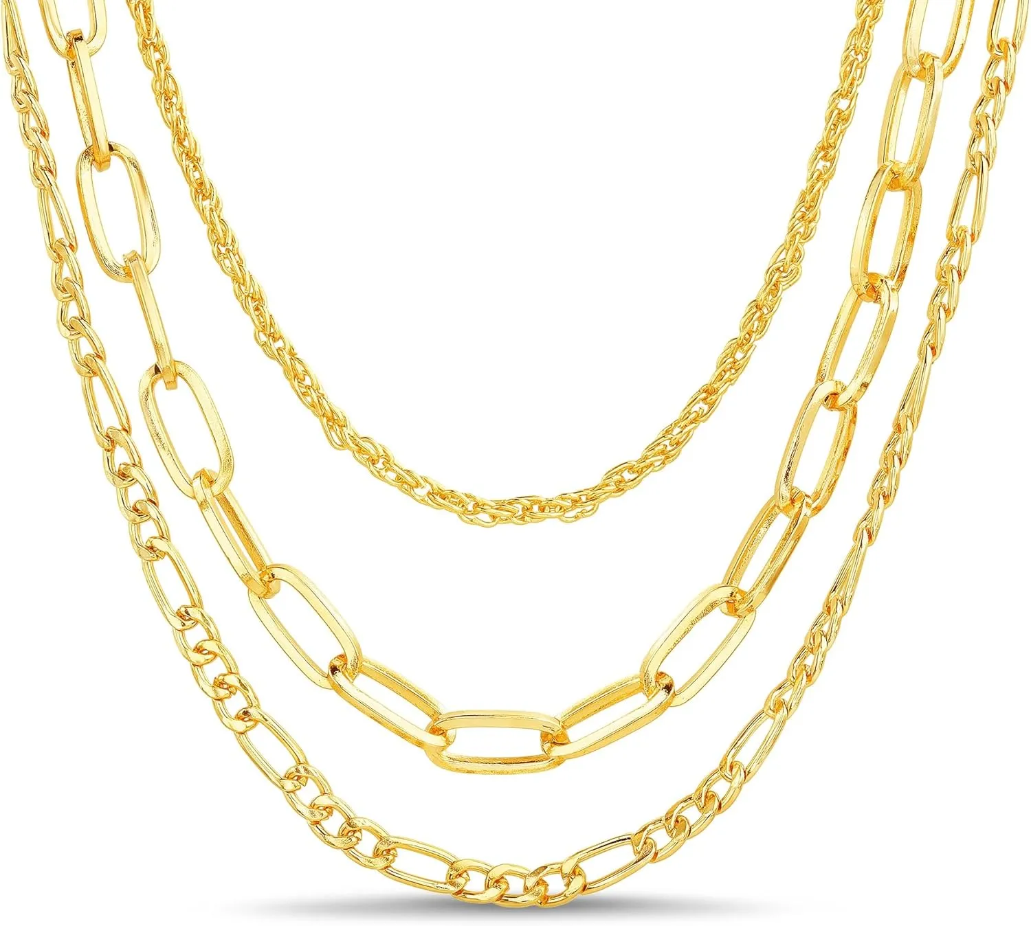 Nautica 14K Gold Plated Brass Necklace - Three Row Layered Statement Chain Necklace for Women, Gold Tone 2
