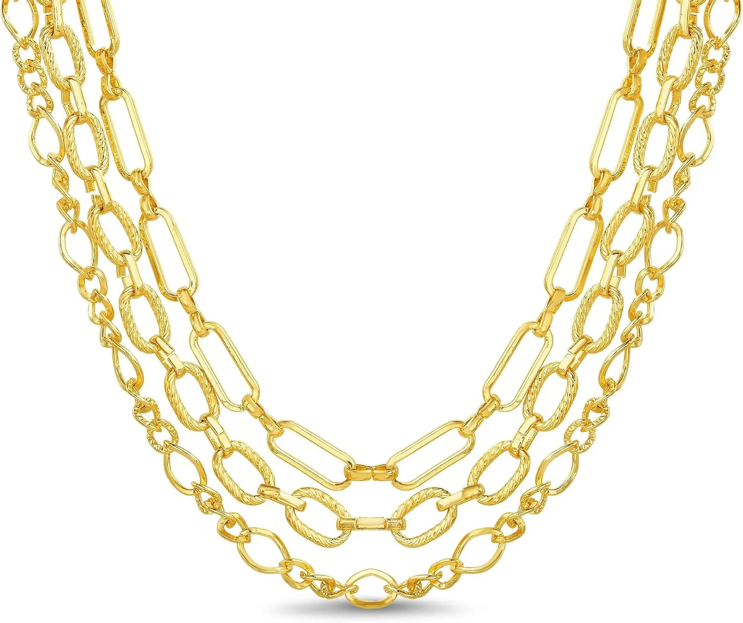 Nautica 14K Gold Plated Brass Necklace - Three Row Layered Statement Chain Necklace for Women, Gold Tone 3