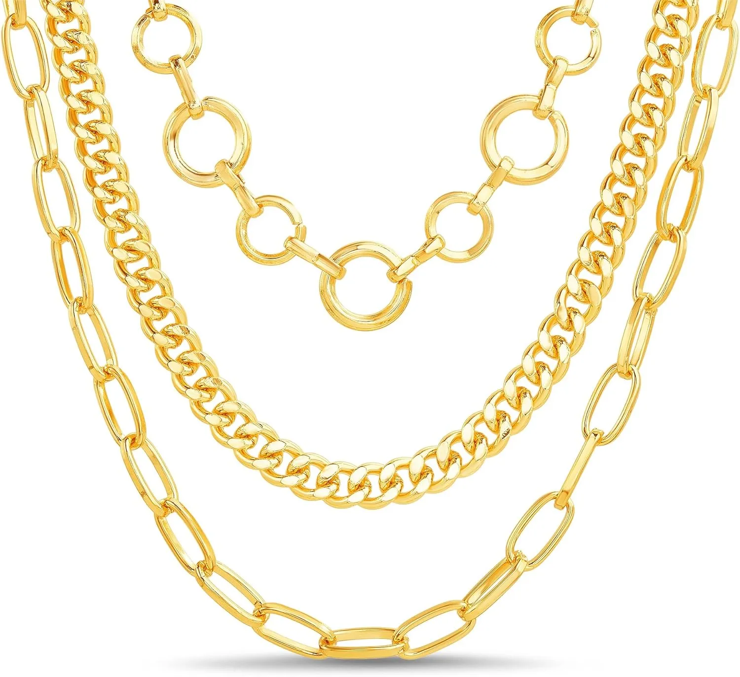 Nautica 14K Gold Plated Brass Necklace - Three Row Layered Statement Chain Necklace for Women, Gold Tone 4