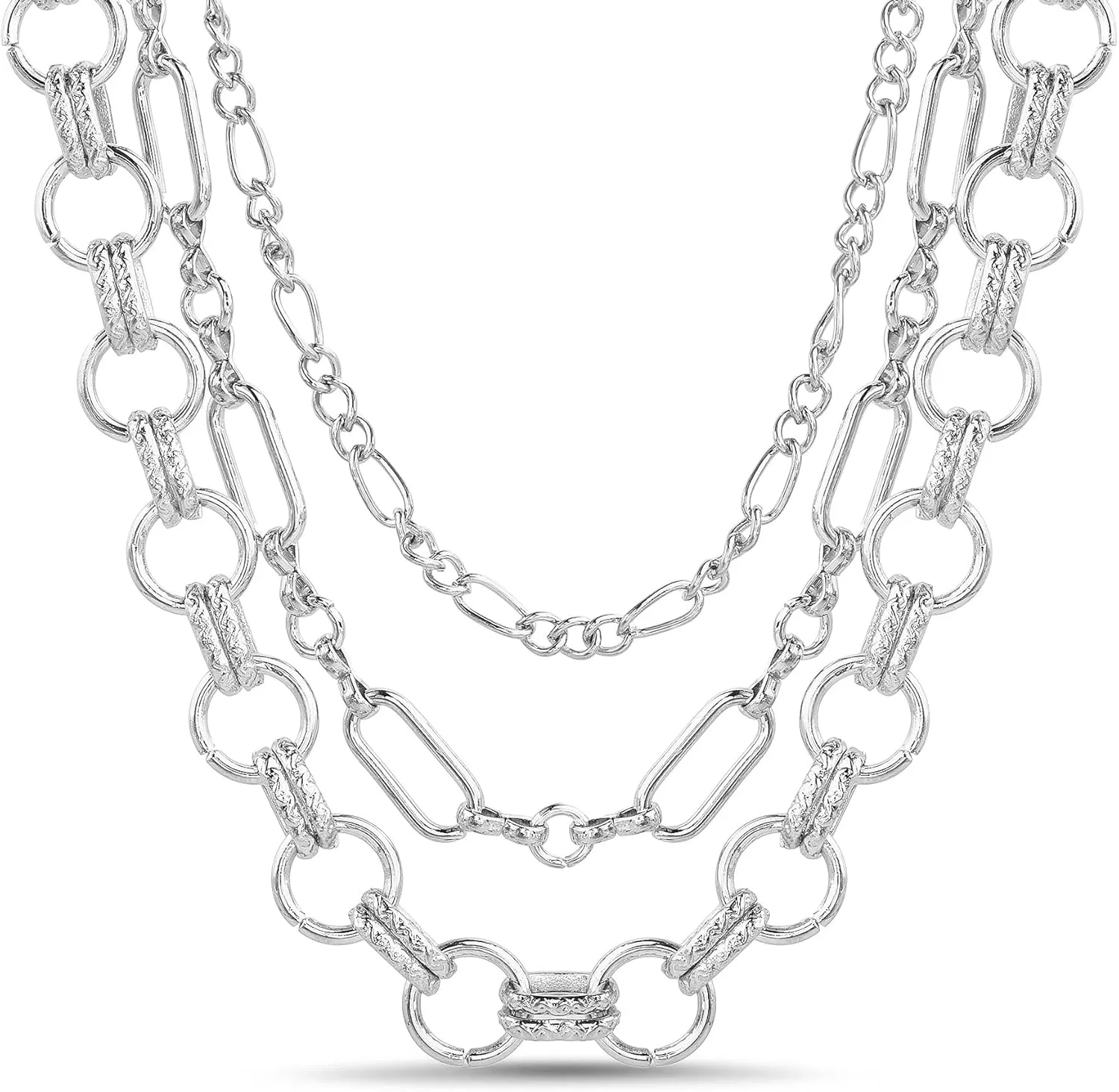 Nautica 14K Gold Plated Brass Necklace - Three Row Layered Statement Chain Necklace for Women, Silver Tone
