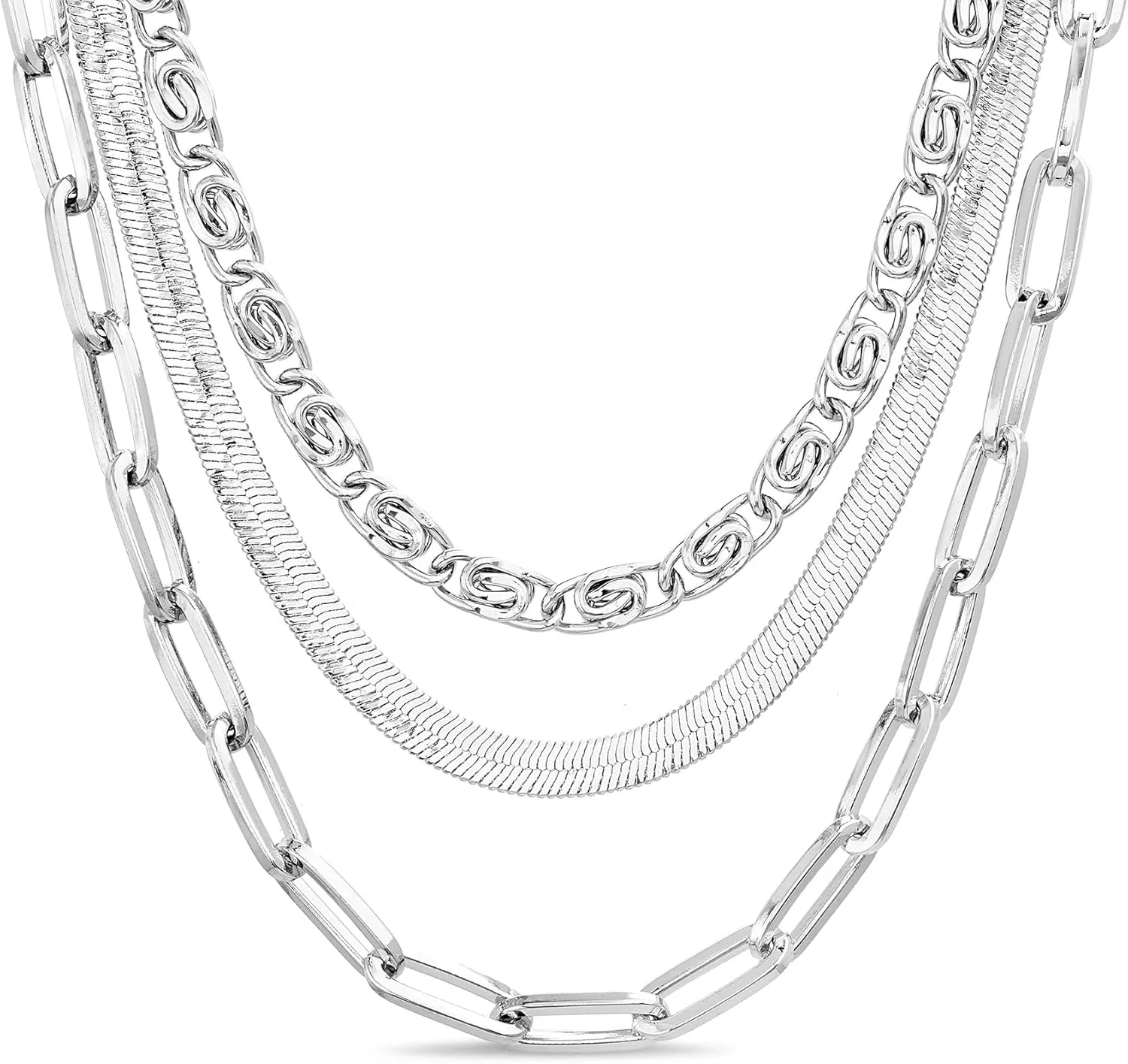 Nautica 14K Gold Plated Brass Necklace - Three Row Layered Statement Chain Necklace for Women, White Swirl/Herringbone/Paperclip