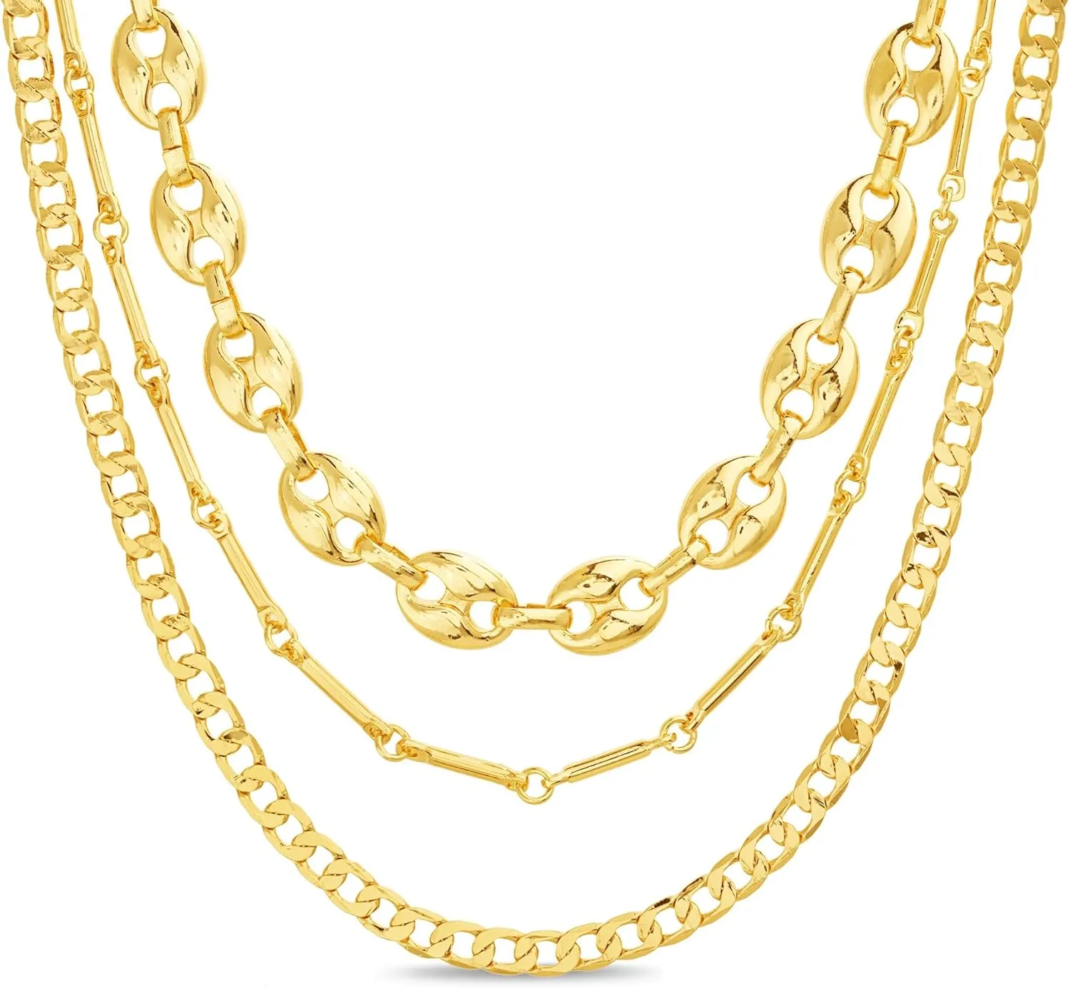 Nautica 14K Gold Plated Brass Necklace - Three Row Layered Statement Chain Necklace for Women, Yellow Puffy Link/Curb Chain