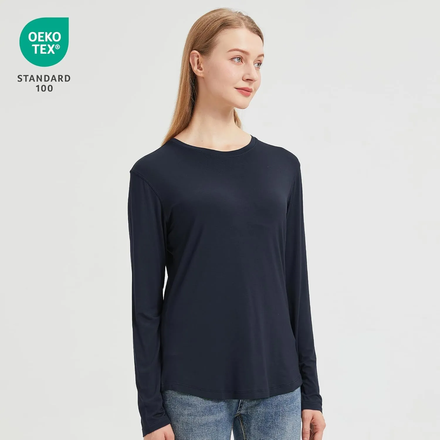 netdraw Women's Lightweight Bamboo Viscose T-Shirt Buttery Soft Curved Hem Long Sleeve Sleep Lounge Pajama Tops