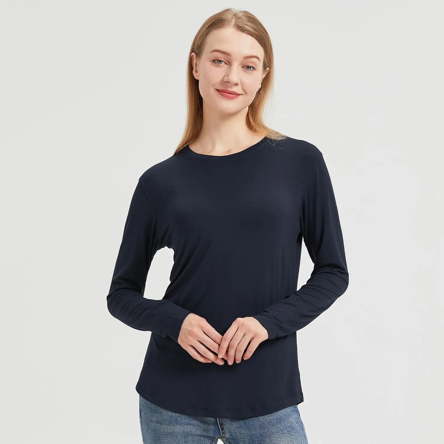 netdraw Women's Lightweight Bamboo Viscose T-Shirt Buttery Soft Curved Hem Long Sleeve Sleep Lounge Pajama Tops