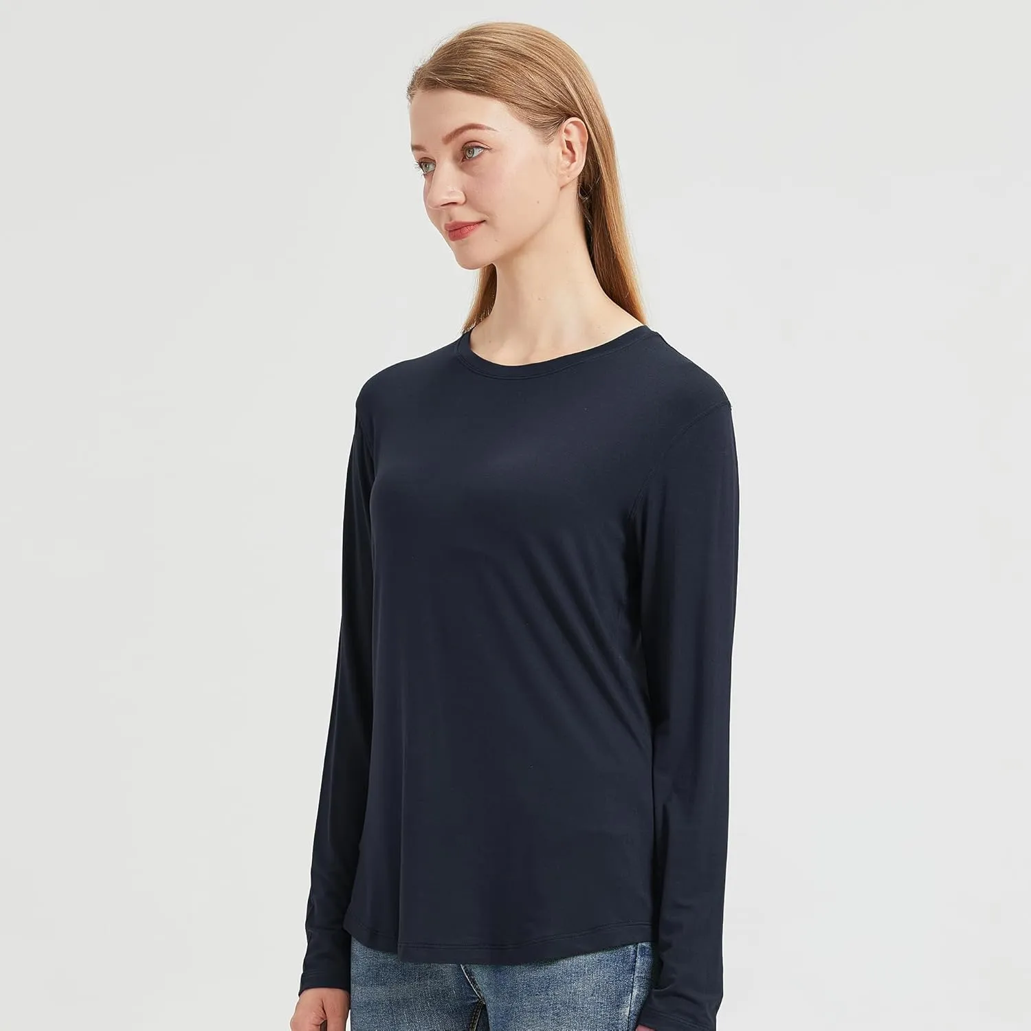netdraw Women's Lightweight Bamboo Viscose T-Shirt Buttery Soft Curved Hem Long Sleeve Sleep Lounge Pajama Tops