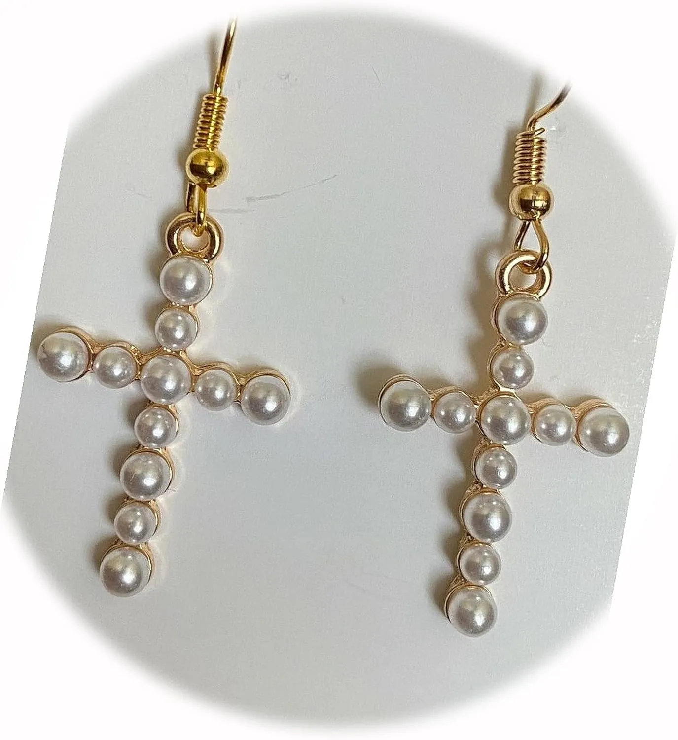 New Yellow Gold Plated Pearl Cross Hook Dangle Drop Earrings Elegant Cute Unique Stunning Pretty jewerly Perfect for Any Occasion CRR02406INE