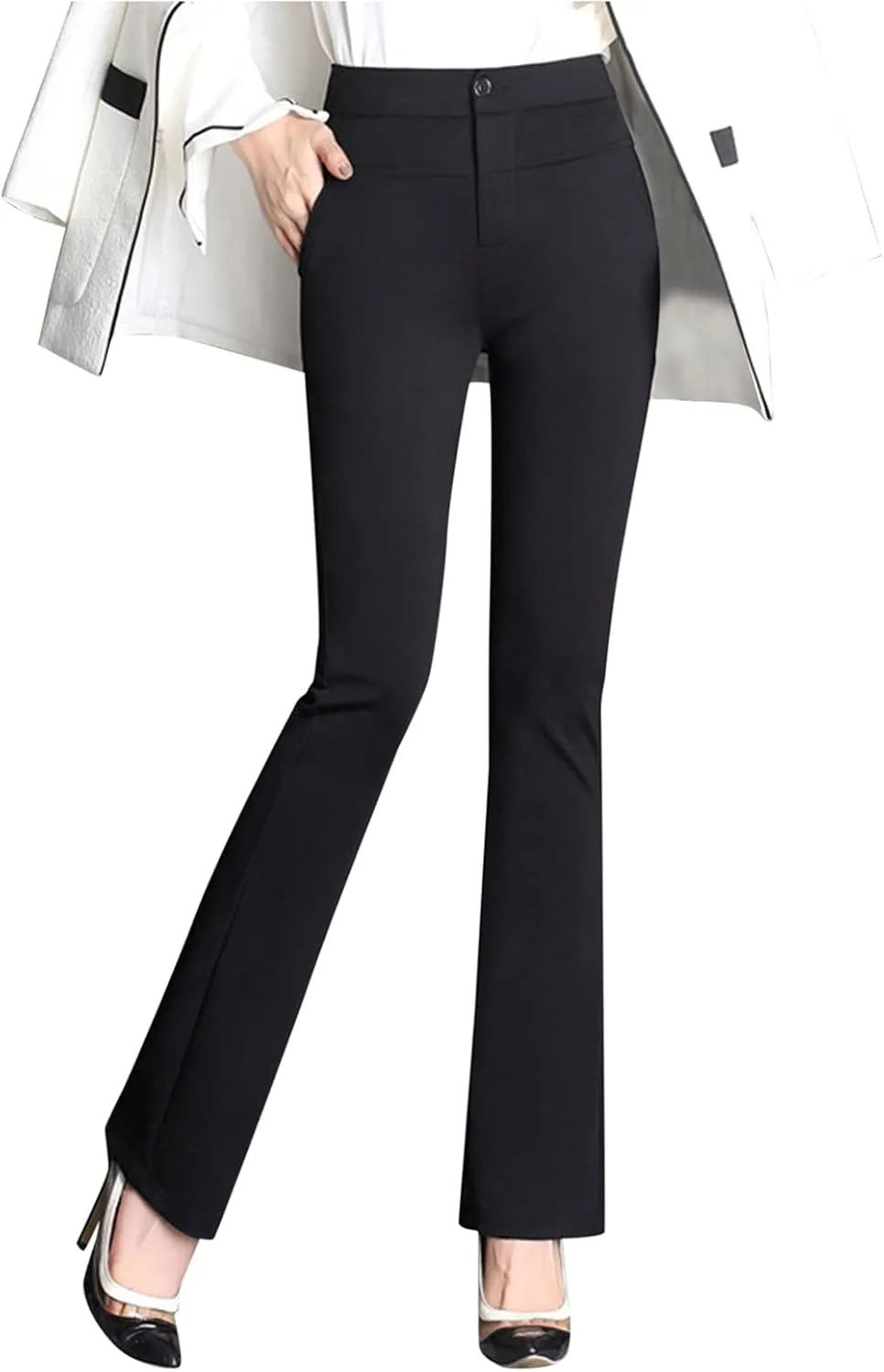 niuwa Lady Women Straight Leg Trousers Stretchy Work Business Pants High Waist Long Pants with Pockets Pull-On Dress Pants Black