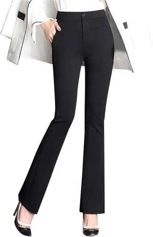 niuwa Lady Women Straight Leg Trousers Stretchy Work Business Pants High Waist Long Pants with Pockets Pull-On Dress Pants Black