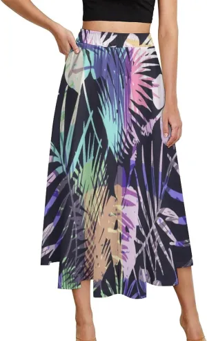 Novelty Hawaii Beach Print Midi Skirts High Elastic Waist Ruffling Boho Party Skirts