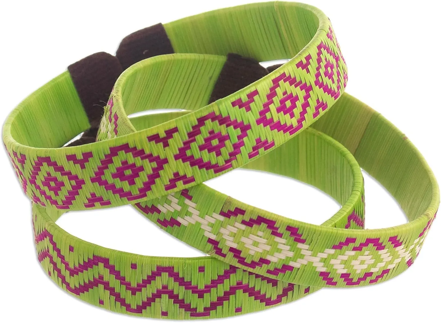 NOVICA Handmade Cuff Bracelets Woven with Colombian Cane Fiber Set of 3 Natural Green Patterned Modern 'Green Colombian Geometry'Set of 3