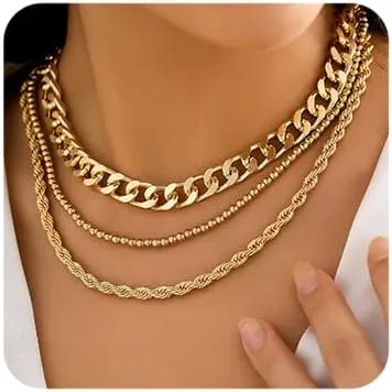 Octwine Boho Gold Twist Rope Chain Bead Choker Necklace Cuban Link Layered Chunky Necklaces Set Shiny Bar Choker Jewelry for Women