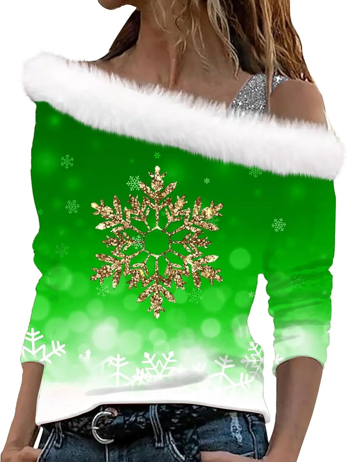 Off the Shoulder Christmas Sweatshirt for Women Funny Faux Fur V Neck Snowflake Graphic Sweater Pullover Tops